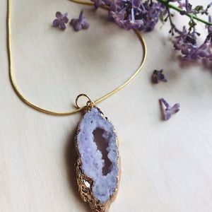 Purple Druzy Agate Crystal Pendant on 14 k gold chain